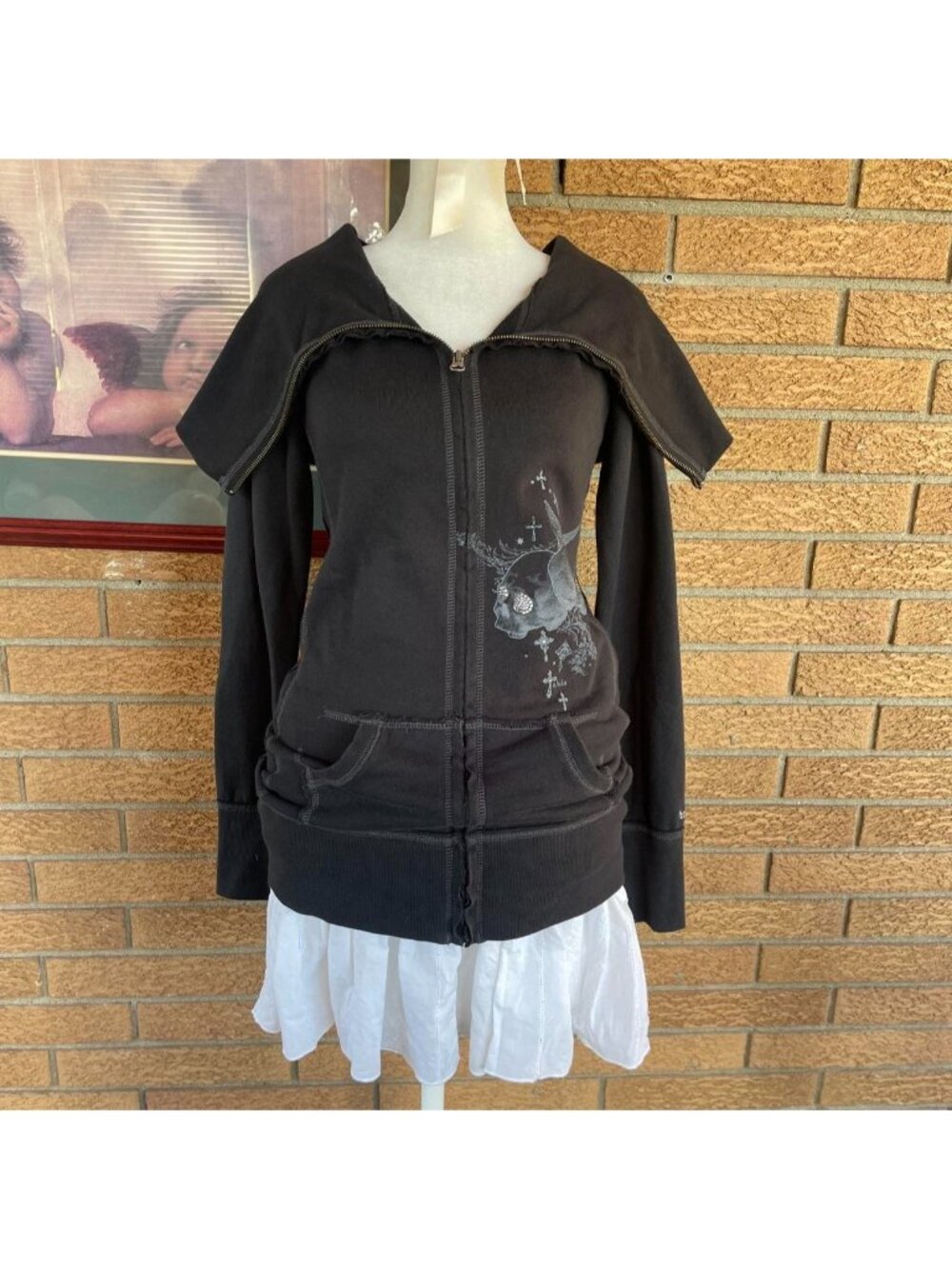 Talula black skull & cross rhinestone embellished zip up sweater